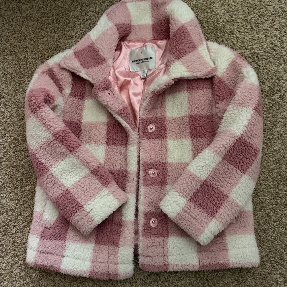Kids Urban Republic Pink and White Checkered Sherpa Jacket